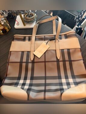 NEW! Burberry Smoked Check Medium Marlow Tote w/Leather trim